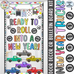 Ready To Roll Into A New Year!: Trucks New Year Door Decor or Bulletin Board Kit