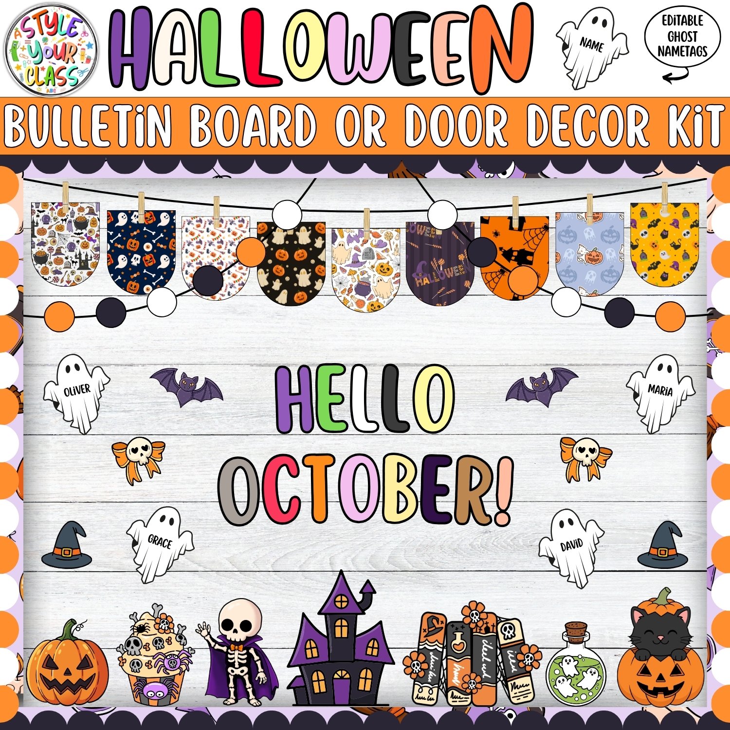 Hello October! Halloween Ghost Bulletin Board or Door Decor Kit