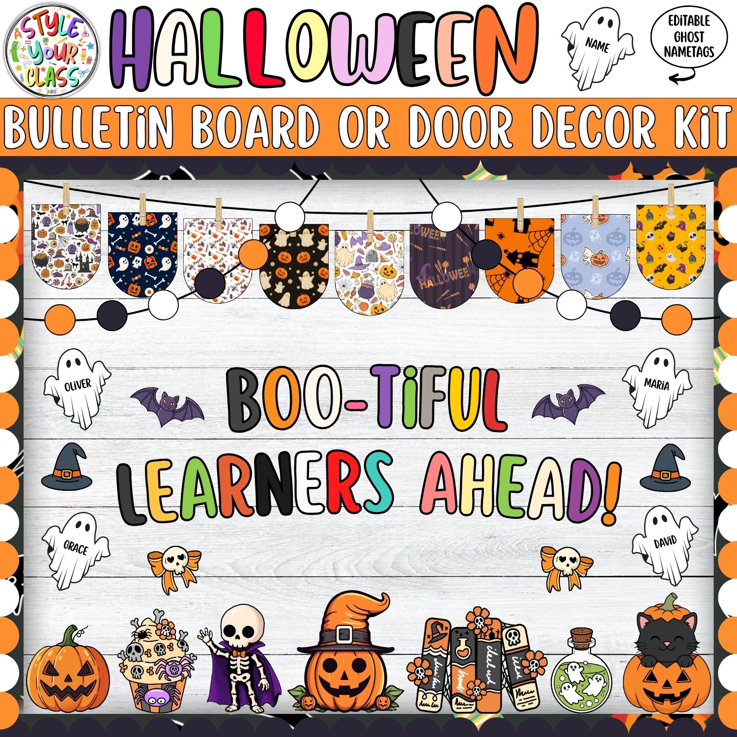 Hello October! Halloween Ghost Bulletin Board or Door Decor Kit - Image 2