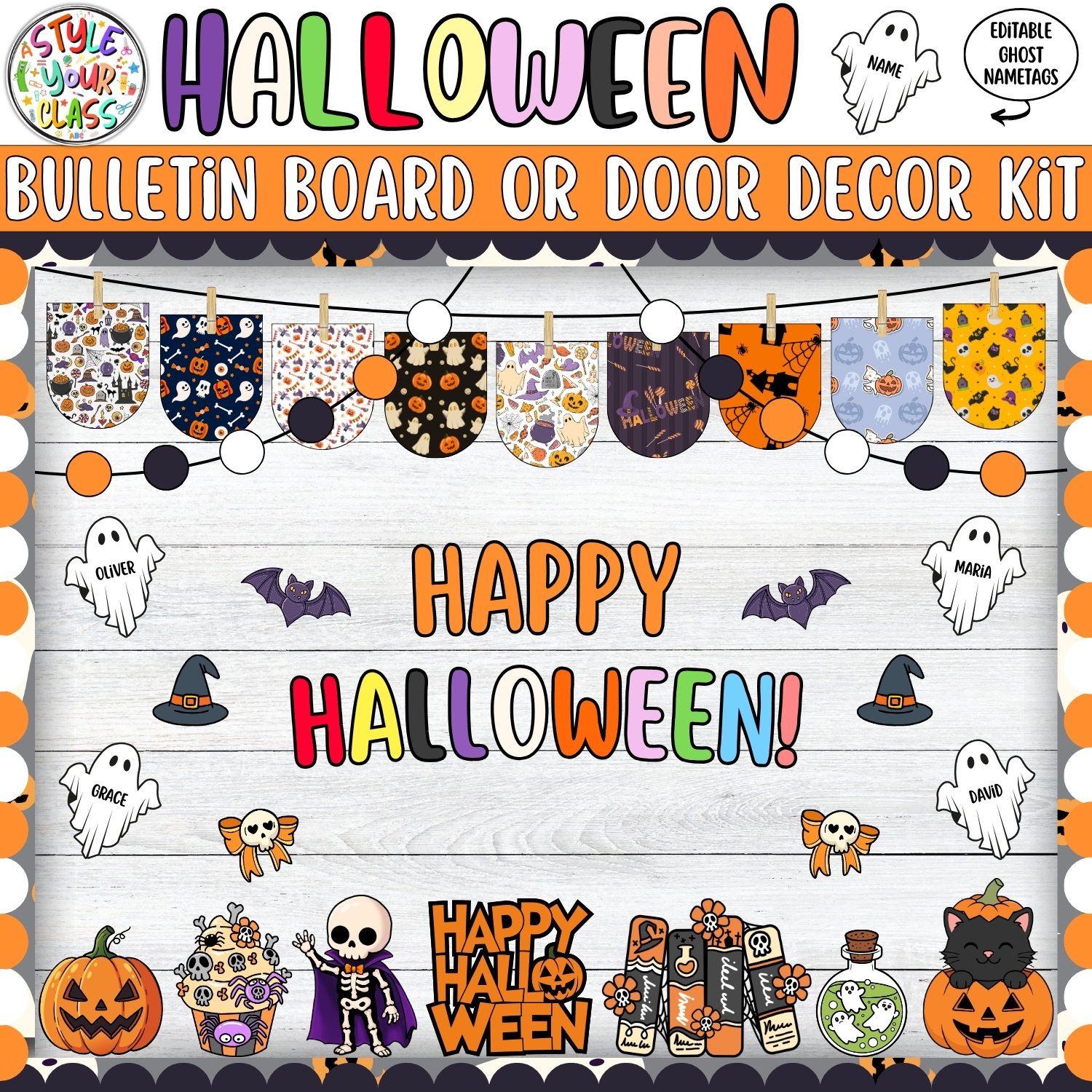 Hello October! Halloween Ghost Bulletin Board or Door Decor Kit - Image 3